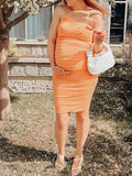 Momnfancy Orange Ruched One Shoulder Cami Bodycon Club Elegant Maternity Photoshoot Baby Shower Party Mini Dress