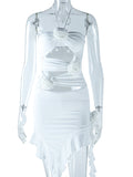 Momnfancy 3D Flowers Cut Out Irregular Ruffle Halter Neck Bodycon Baby Shower Maternity Mini Dress