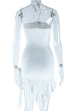 Momnfancy 3D Flowers Cut Out Irregular Ruffle Halter Neck Bodycon Baby Shower Maternity Mini Dress