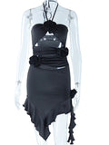 Momnfancy 3D Flowers Cut Out Irregular Ruffle Halter Neck Bodycon Baby Shower Maternity Mini Dress