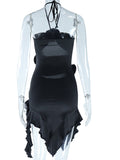 Momnfancy 3D Flowers Cut Out Irregular Ruffle Halter Neck Bodycon Baby Shower Maternity Mini Dress