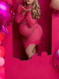 Momnfancy Pink Beading Tassel Mesh Side Slit Bodycon Party Birthday Plus Size Photoshoot Maternity Baby Shower Maxi Dress