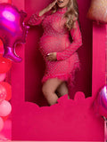 Momnfancy Pink Beading Tassel Mesh Side Slit Bodycon Party Birthday Plus Size Photoshoot Maternity Baby Shower Maxi Dress