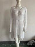 Momnfancy White Cut Out Knitting V-Neck Flare Sleeve Boho Crochet Beach Smock Maternity Photoshoot Maxi Dress