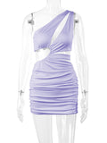 Momnfancy Chic Purple Cutout Bare Waist Irregular Oblique Shoulder Ruffle Bodycon Babyshower Vacation Maternity Mini Dress