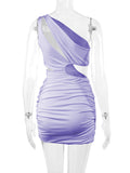 Momnfancy Chic Purple Cutout Bare Waist Irregular Oblique Shoulder Ruffle Bodycon Babyshower Vacation Maternity Mini Dress