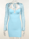 Momnfancy Blue Cut Out Beading Pearl Mesh Sleeve Bodycon Cute Baby Shower Maternity Mini Dress