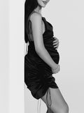 Momnfancy Black Spaghetti Straps Drawstring Lace Up Ruched Backless Boat Neck Elegant Photoshoot Maternity Mini Dress