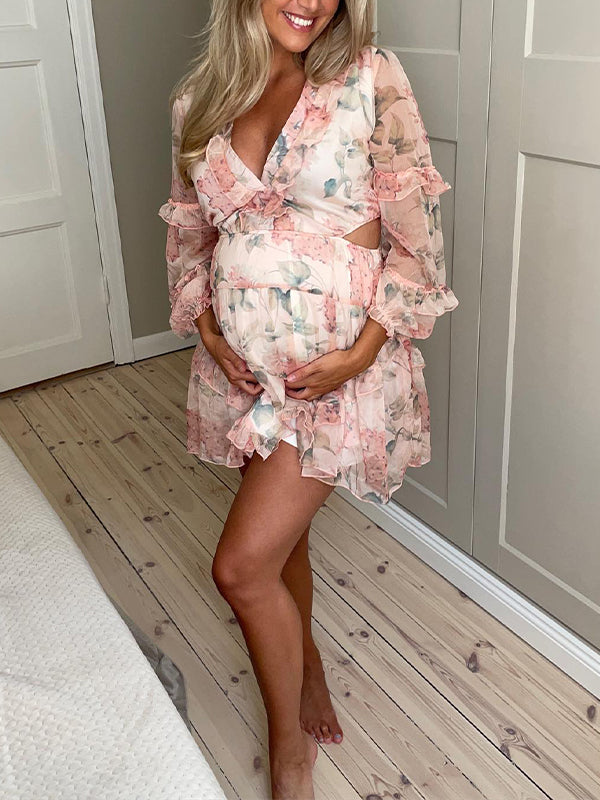 Momnfancy Pink Ruffle Cut Out Back Tie Lantern Sleeve V-neck Baby Shower Photoshoot Maternity Mini Dress