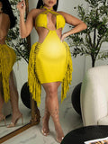 Momnfancy Irregular Cut Out Crop Tassel Cami Halter Neck Backless Bodycon Chic Club Going Out Maternity Photoshoot Baby Shower Party Mini Dress