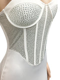 Momnfancy White Patchwork Spaghetti Straps Mesh Rhinestone Bodycon V-neck Party Chic Baby Shower Maternity Mini Dress