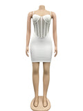 Momnfancy White Patchwork Spaghetti Straps Mesh Rhinestone Bodycon V-neck Party Chic Baby Shower Maternity Mini Dress