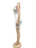 Momnfancy White Patchwork Spaghetti Straps Mesh Rhinestone Bodycon V-neck Party Chic Baby Shower Maternity Mini Dress