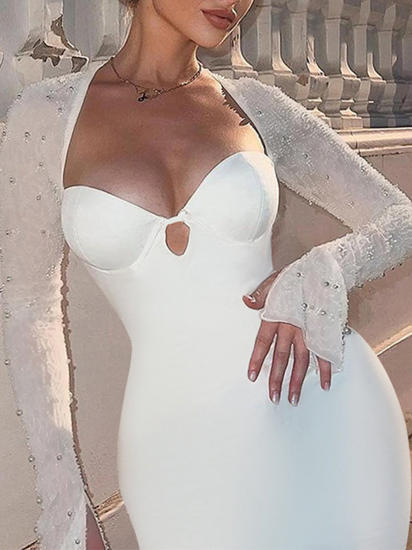 Momnfancy Pearl Grenadine Slit Backless Flare Sleeve Bodycon Club Baby Shower Photoshoot Maternity Mini Dress