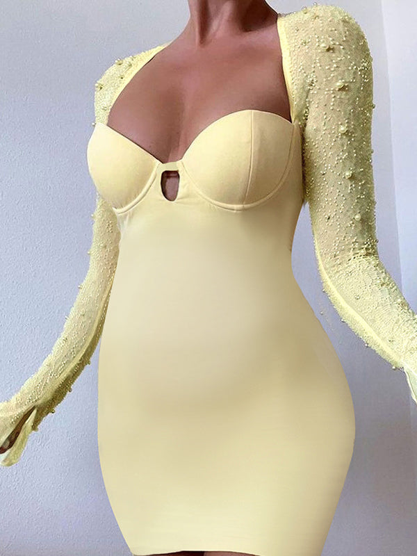 Momnfancy Pearl Grenadine Slit Backless Flare Sleeve Bodycon Club Baby Shower Photoshoot Maternity Mini Dress