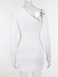 Momnfancy Elegant White Side Slit Irregular Oblique Shoulder Lace Striped Bodycon Party Babyshower Maternity Mini Dress