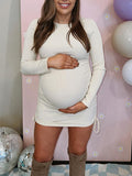 Momnfancy White Ruched Drawstring Lace-up Bodycon Long Sleeve Fashion Baby Shower Maternity Mini Dress