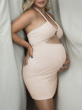 Momnfancy Apricot Cut Out Cami Crop Bodycon Ruched Elegant Chic Photoshoot Maternity Mini Dress