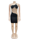 Momnfancy Heart Mesh Pearl Rhinestone Cami Bodycon Backless Oblique Shoulder Elegant Chic Baby Shower Photoshoot Maternity Mini Dress