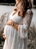 Momnfancy White Lace Ruched Big Swing Flare Sleeve Elegant Boho Photoshoot Maternity Mini Dress