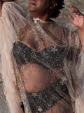 Momnfancy Patchwork Sequin Mesh Pleated Long Sleeve Elegant Photoshoot Maternity Mini Dress