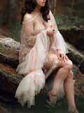 Momnfancy Patchwork Sequin Mesh Pleated Long Sleeve Elegant Photoshoot Maternity Mini Dress