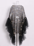 Momnfancy Patchwork Sequin Mesh Pleated Long Sleeve Elegant Photoshoot Maternity Mini Dress