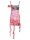 Momnfancy Chic Pink Colorful Floral Falbala Side Draped Irregular Bodycon Party Maternity Babyshower Mini Dress