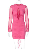 Momnfancy Rose Carmine Cut Out Ruched Bodycon Drawstring Long Sleeve Fashion Baby Shower Maternity Mini Dress
