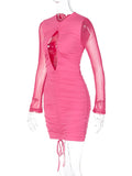 Momnfancy Rose Carmine Cut Out Ruched Bodycon Drawstring Long Sleeve Fashion Baby Shower Maternity Mini Dress
