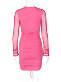 Momnfancy Rose Carmine Cut Out Ruched Bodycon Drawstring Long Sleeve Fashion Baby Shower Maternity Mini Dress