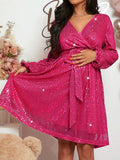 Momnfancy Elegant Rose Carmine Sequin Sparkly Sashes A-Line Maternity Cocktail Mini Dress