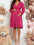 Momnfancy Elegant Rose Carmine Sequin Sparkly Sashes A-Line Maternity Cocktail Mini Dress