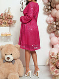 Momnfancy Elegant Rose Carmine Sequin Sparkly Sashes A-Line Maternity Cocktail Mini Dress