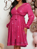 Momnfancy Elegant Rose Carmine Sequin Sparkly Sashes A-Line Maternity Cocktail Mini Dress