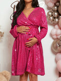 Momnfancy Elegant Rose Carmine Sequin Sparkly Sashes A-Line Maternity Cocktail Mini Dress
