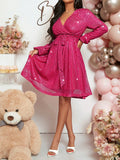 Momnfancy Elegant Rose Carmine Sequin Sparkly Sashes A-Line Maternity Cocktail Mini Dress