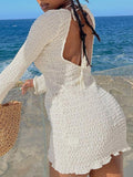 Momnfancy Elegant White Ruffle Falbala Backless Belt Bodycon Babyshower Vacation Maternity Mini Dress
