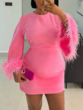 Momnfancy Elegant Rose Carmine Feather Fluffy Flare Sleeve Bodycon Party Maternity Mini Dress
