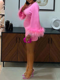Momnfancy Elegant Rose Carmine Feather Fluffy Flare Sleeve Bodycon Party Maternity Mini Dress