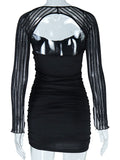 Momnfancy Black Cutout Backless Hip Bodycon Clubwear Striped Mesh Slit Sleeve Knot Party Maternity Mini Dress