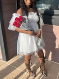 Momnfancy White Tulle Mesh Off Shoulder Bandeau Tutu Grenadine Cascading Ruffle Cute Photoshoot Maternity Babyshower Mini Dress