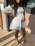 Momnfancy White Tulle Mesh Off Shoulder Bandeau Tutu Grenadine Cascading Ruffle Cute Photoshoot Maternity Babyshower Mini Dress