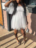 Momnfancy White Tulle Mesh Off Shoulder Bandeau Tutu Grenadine Cascading Ruffle Cute Photoshoot Maternity Babyshower Mini Dress
