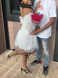 Momnfancy White Tulle Mesh Off Shoulder Bandeau Tutu Grenadine Cascading Ruffle Cute Photoshoot Maternity Babyshower Mini Dress