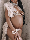 Momnfancy White Pearl Flower High Neck Halter Neck Fashion Elegant Photoshoot Maternity Crop Top