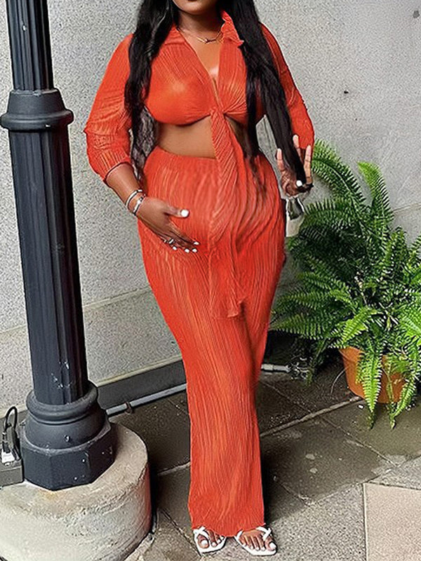 Momnfancy Chic Orange Two Piece Ruffle Knot Bare Waist Daily Babyshower Blouse Maternity Top&Pants
