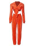 Momnfancy Chic Orange Two Piece Ruffle Knot Bare Waist Daily Babyshower Blouse Maternity Top&Pants