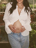 Momnfancy Elegant White Chiffon Ruffle Falbala Transparent Drawstring Slit Sleeve Daily Photoshoot Maternity Top