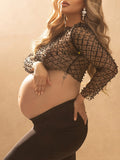 Momnfancy Elegant Black Pearl Beading Sequin Sparkly Grenadine Transparent Flannel Maternity Photoshoot T-Shirt